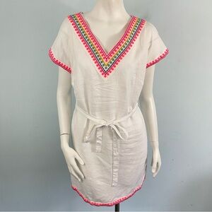 Boden White Linen Embroidered Kaftan Mini Dress Belted UK 8 - US 4R Beach Resort